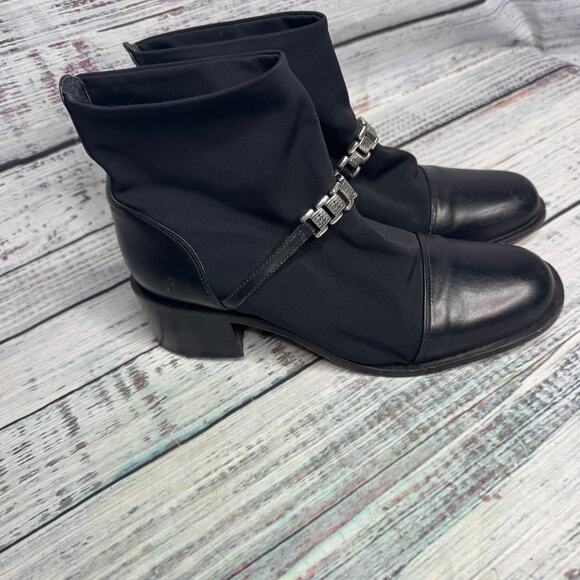 Brighton Black Leather & Fabric Ankle Boots Silver Buckle Accent 6 - Picture 1 of 6